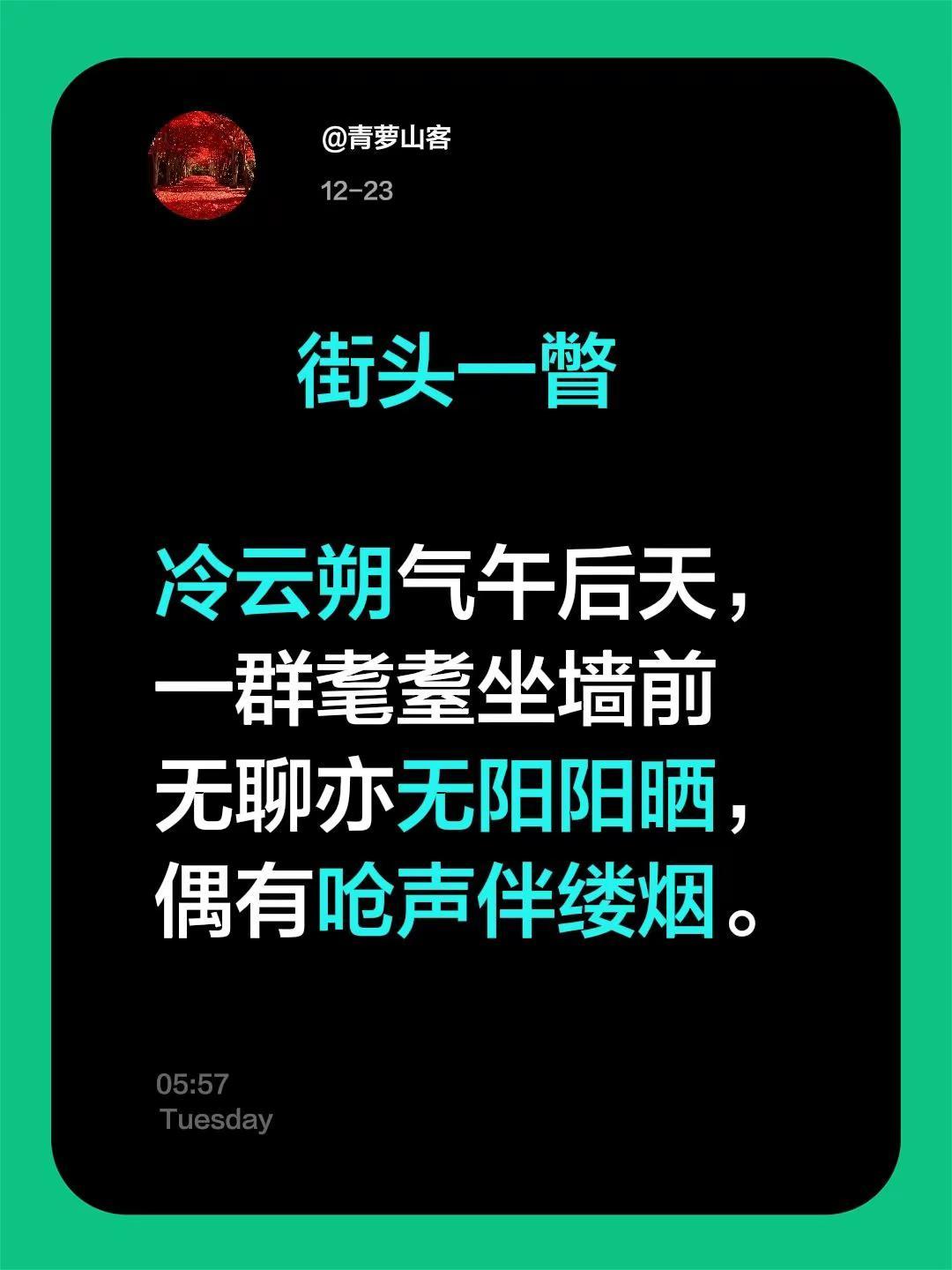 街头一瞥冷云朔气午后天，一群耄耋坐墙前无聊亦无阳阳晒，偶有呛声伴缕烟。