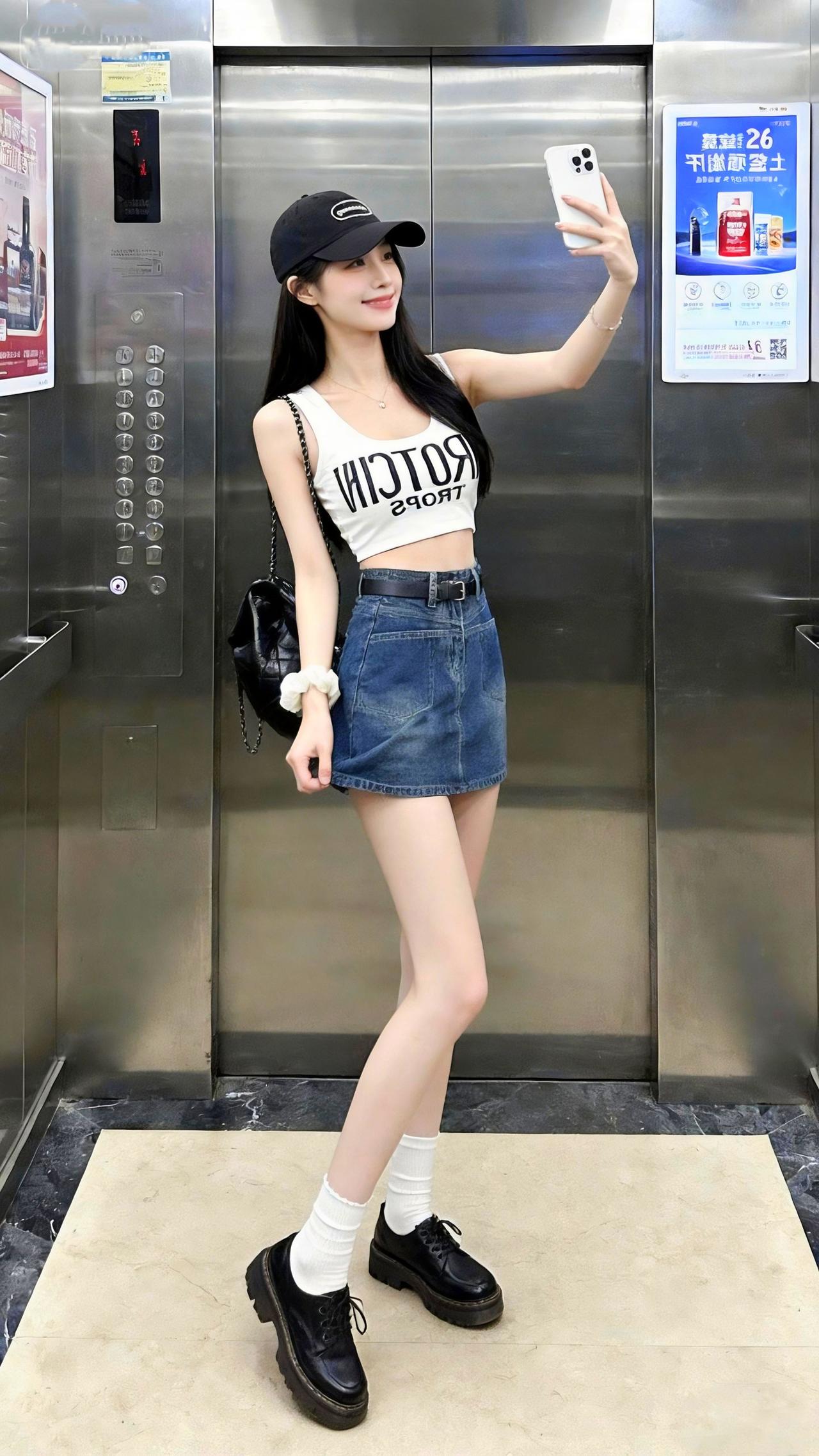 电梯穿搭日常 辣妹穿搭 牛仔短裙 小性感 电梯拍照姿势
