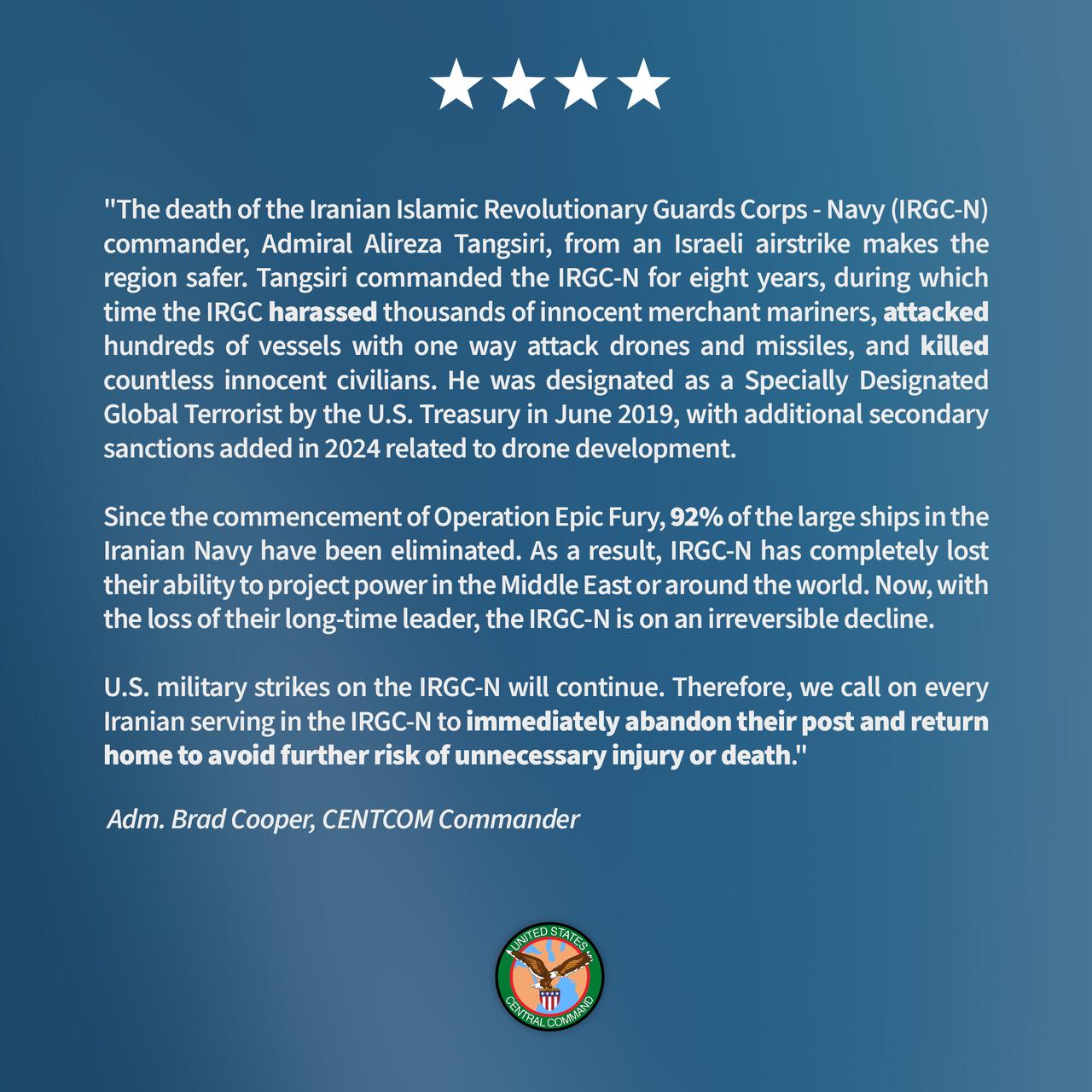 新闻快讯——2026年3月26日22:34，美国中央司令部（CENTCOM）在社