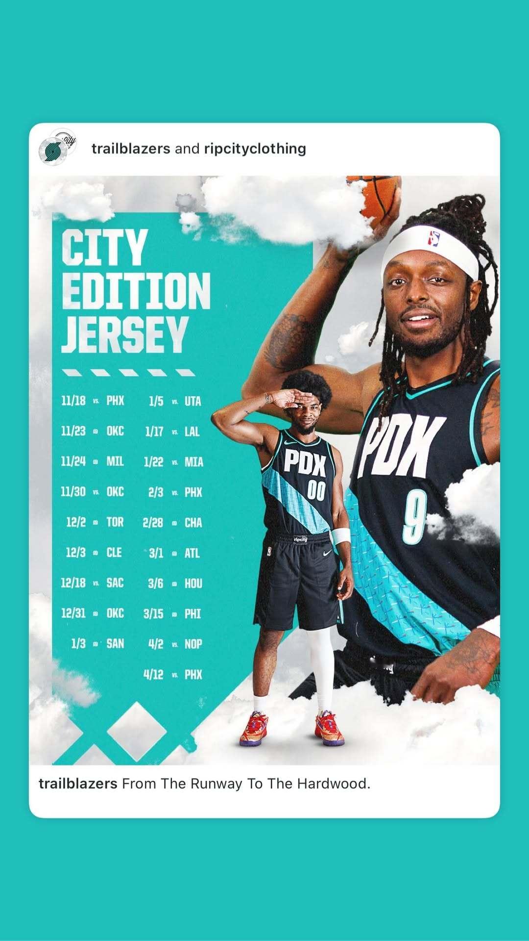 开拓者将在北京时间11月19日对阵太阳的比赛中首次上身本赛季的城市版球衣