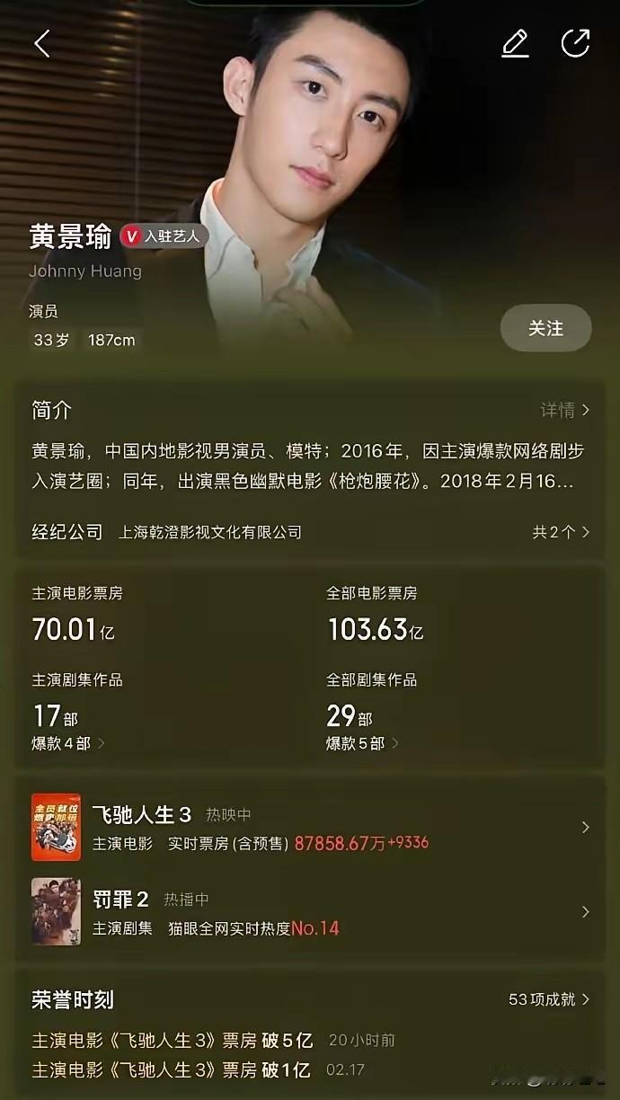 2月18日，据猫眼专业版数据，黄景瑜主演电影《飞驰人生3》正在上映，黄景瑜主演电