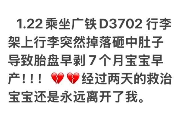 孕妇坐高铁被行李砸中夭折，铁路需要担责？

2025年1月22日，铁路列车上演令