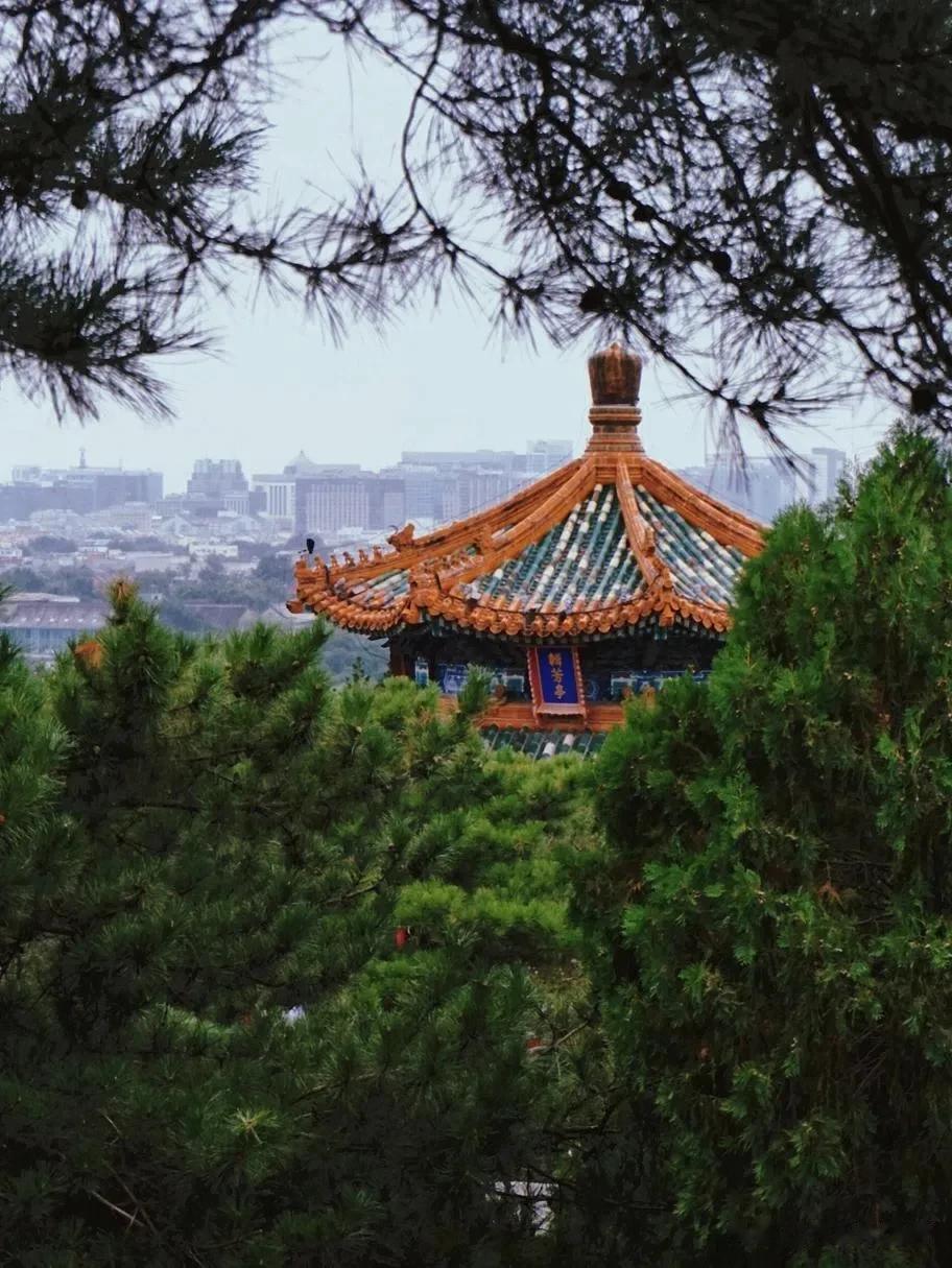 #来我家乡玩一天#  
去完故宫，来景山公园。
景山公园，北京绝对的中轴线景观。