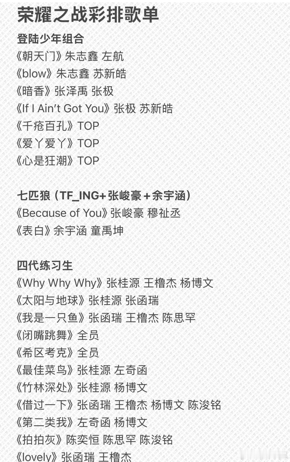 TF家族荣耀之战的彩排歌单来啦！荣耀之战彩排路透