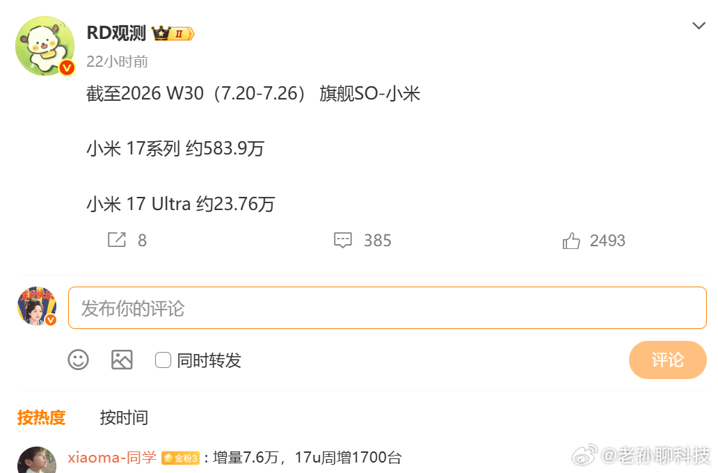 小米17系列一周增长7.6万台，小米17 Ultra系列增长1700台华为Mat