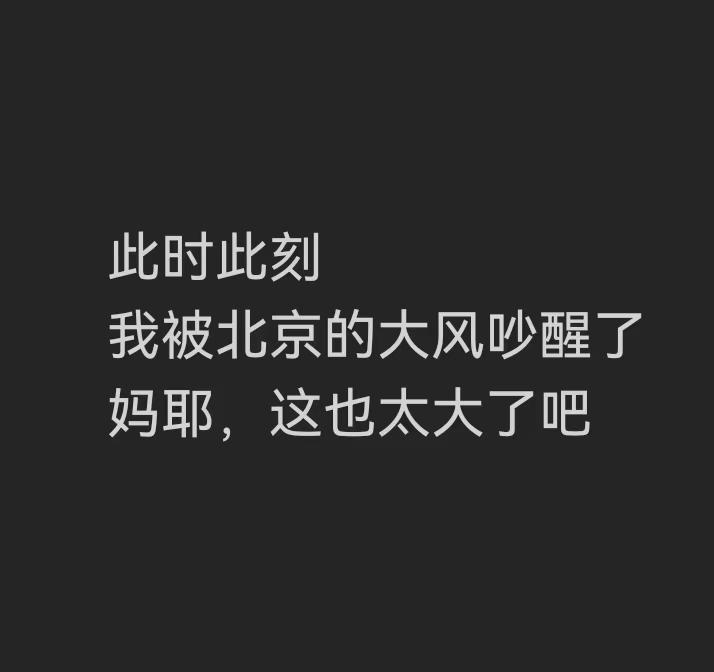 北京超级大风
凌晨五点多，我被北京的大风吵醒了，一个夏天打雷都没给吵醒的人，此时