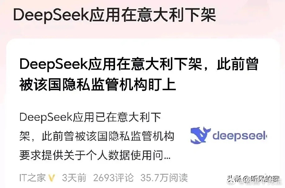 DeepSeek应用在意大利下架，但英伟达+AMD+微软+亚马逊等，都接入了De