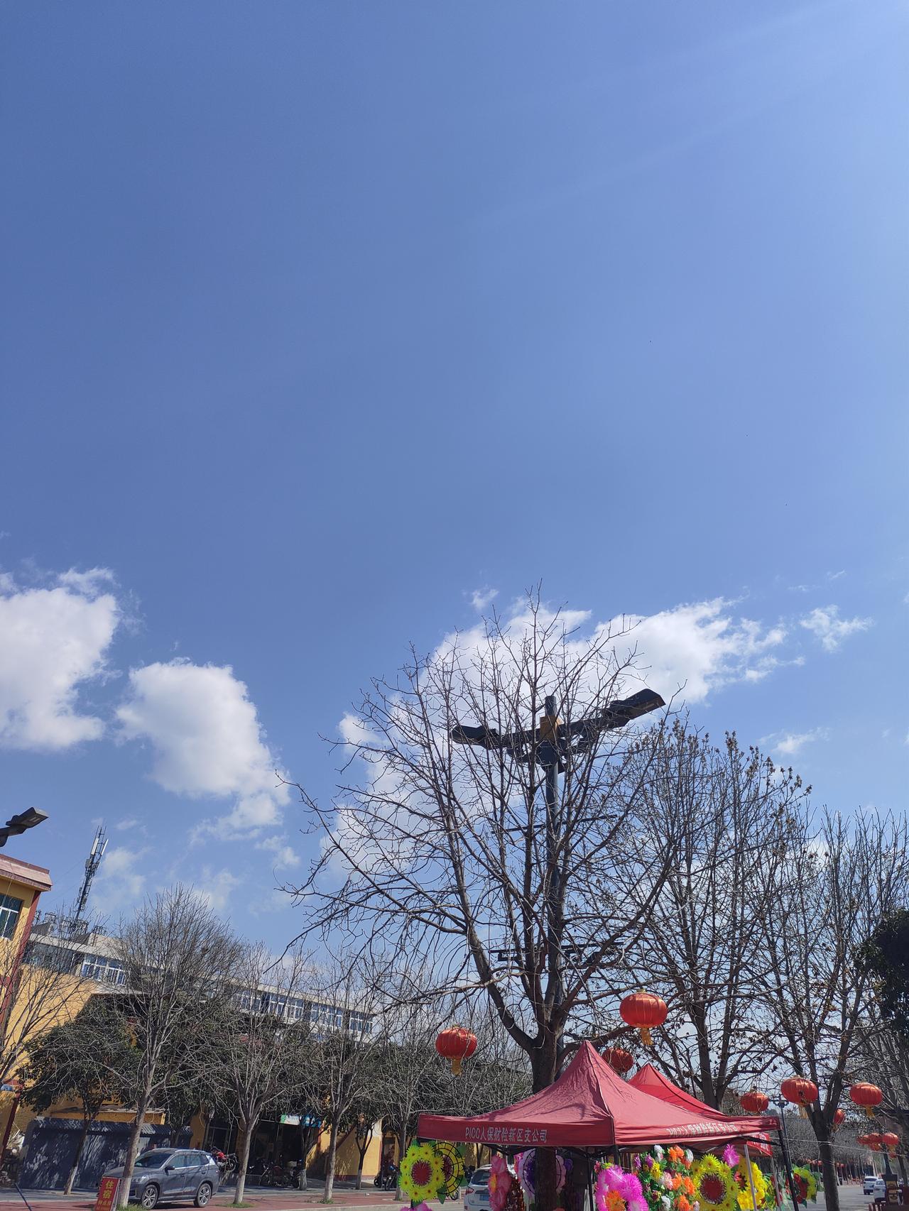 2. 蓝天作底，红灯笼点缀，这是春日里最接地气的浪漫。不用刻意奔赴远方，街头巷尾