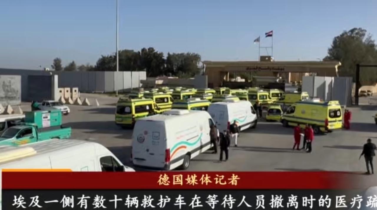 战火笼罩的加沙地带，拉法口岸重开为民众带来曙光。满载救援物资的卡车有序驶入，救护