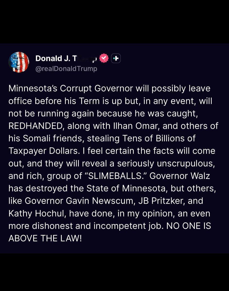 🇺🇸🇸🇴 特朗普指责明尼苏达州州长和伊尔汗·奥马尔犯下大规模欺诈罪：“沃