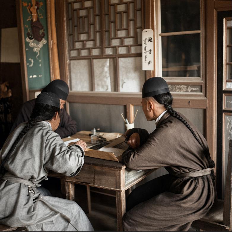 清末，呼和浩特（旧城），三位男子相对而坐在一张古朴的木桌前。桌上摆放着笔筒、纸张
