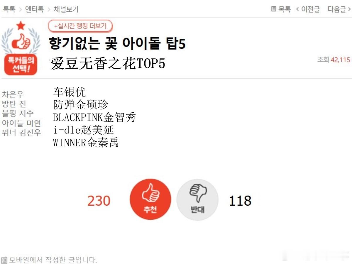 🔥韩网热帖评论翻译🔥爱豆无香之花TOP5：车银优BTS金硕珍BLACKPIN