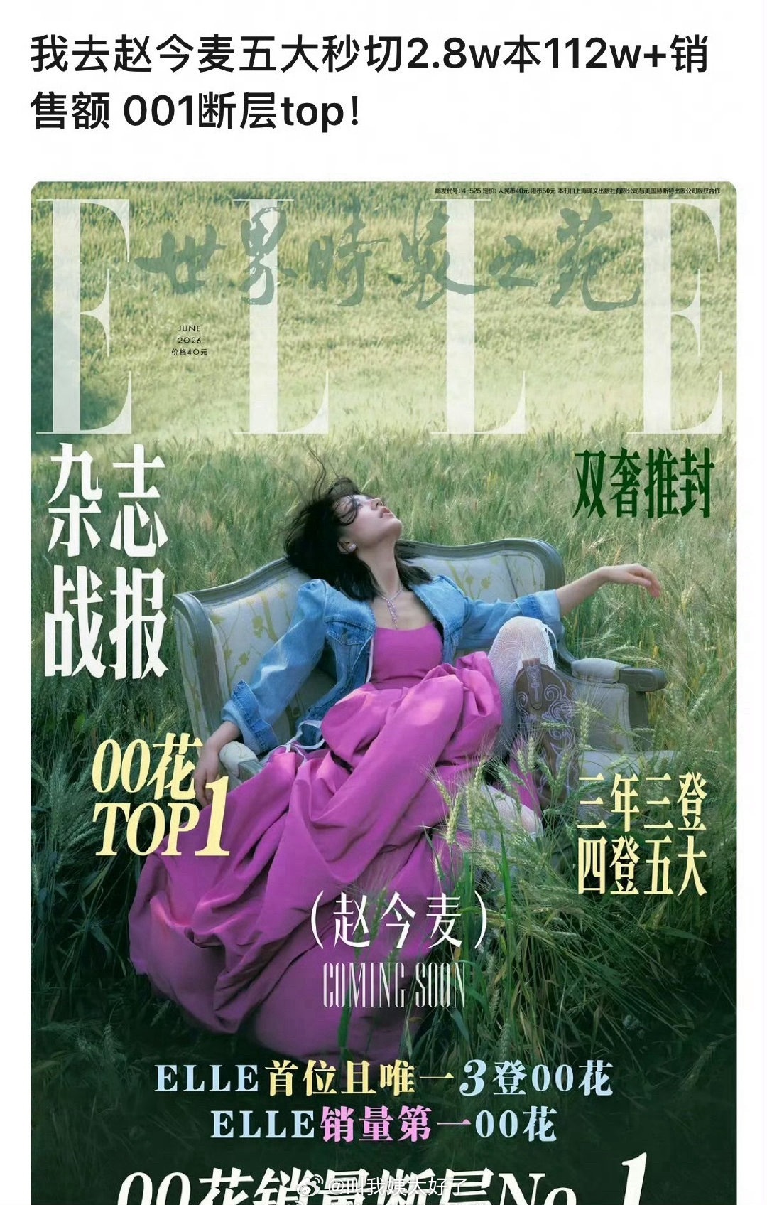 赵今麦《ELLE》六月封面大片秒切了2.8w本，赵今麦是00🌸TOP毫无争议吧