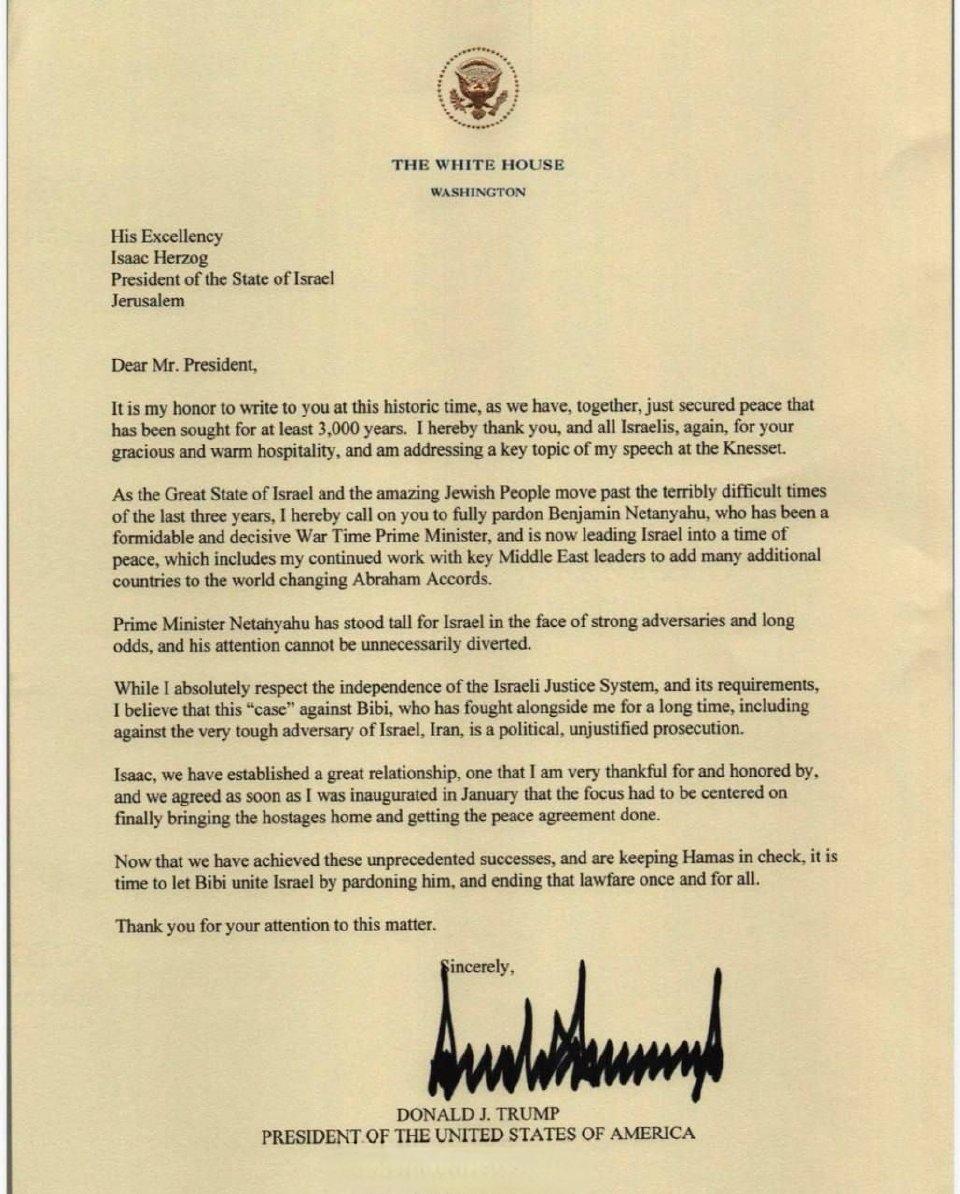 美国总统特朗普已正式向以色列总统赫尔佐格签发信件，敦促其尽快行使总统特赦权赦免以