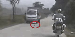 “这也太巧了吧！”一条乡村小路上，一男子骑着摩托车正常行驶，对面车道驶来一辆小货