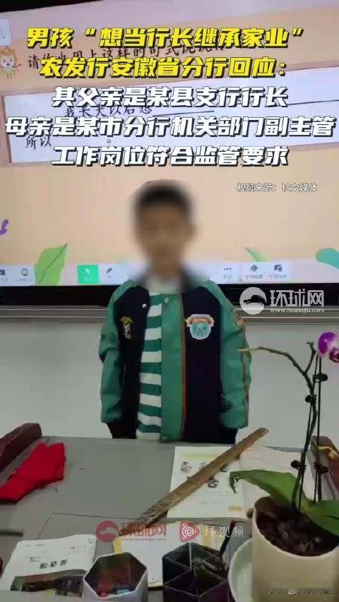 农发行回应小学生想当行长争议：父母异地工作符合规定

中国一个男孩称梦想当农业发
