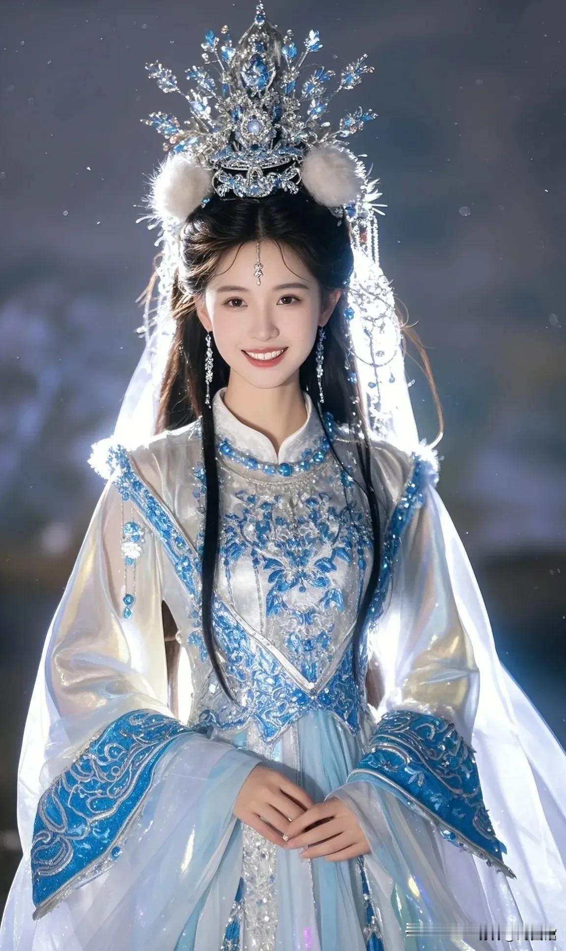 点点关注不迷路 古装美女 蓝白华服闪亮头饰 她简直是从画中走出的 女神