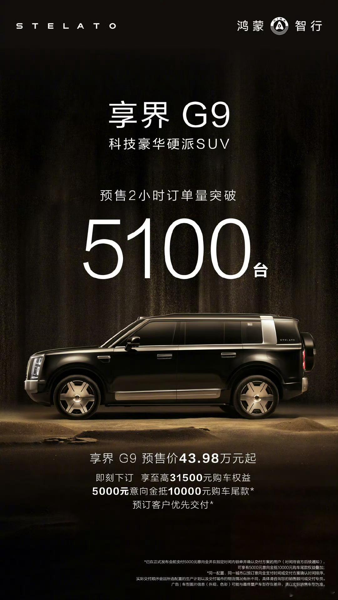 鸿蒙智行首款科技豪华硬派SUV享界G9   2小时预订量5100台，这几天我也去