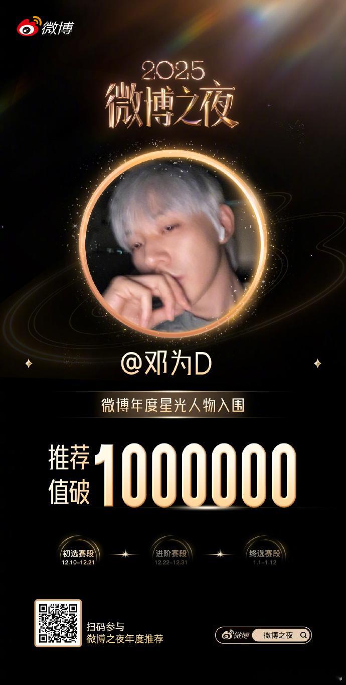 邓为推荐值破百万邓为年度星光人物推荐值破100万 邓为年度星光人物推荐值破100