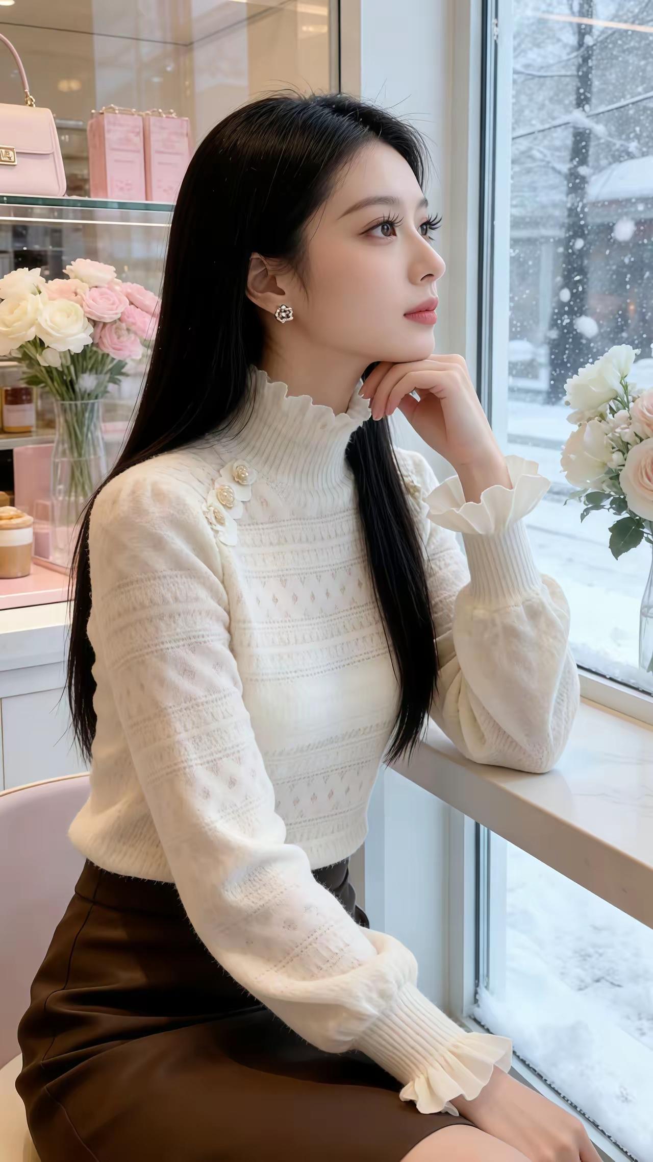 冬日暖阳下，优雅的雪景与温柔的少女，静谧时光的美好瞬间。