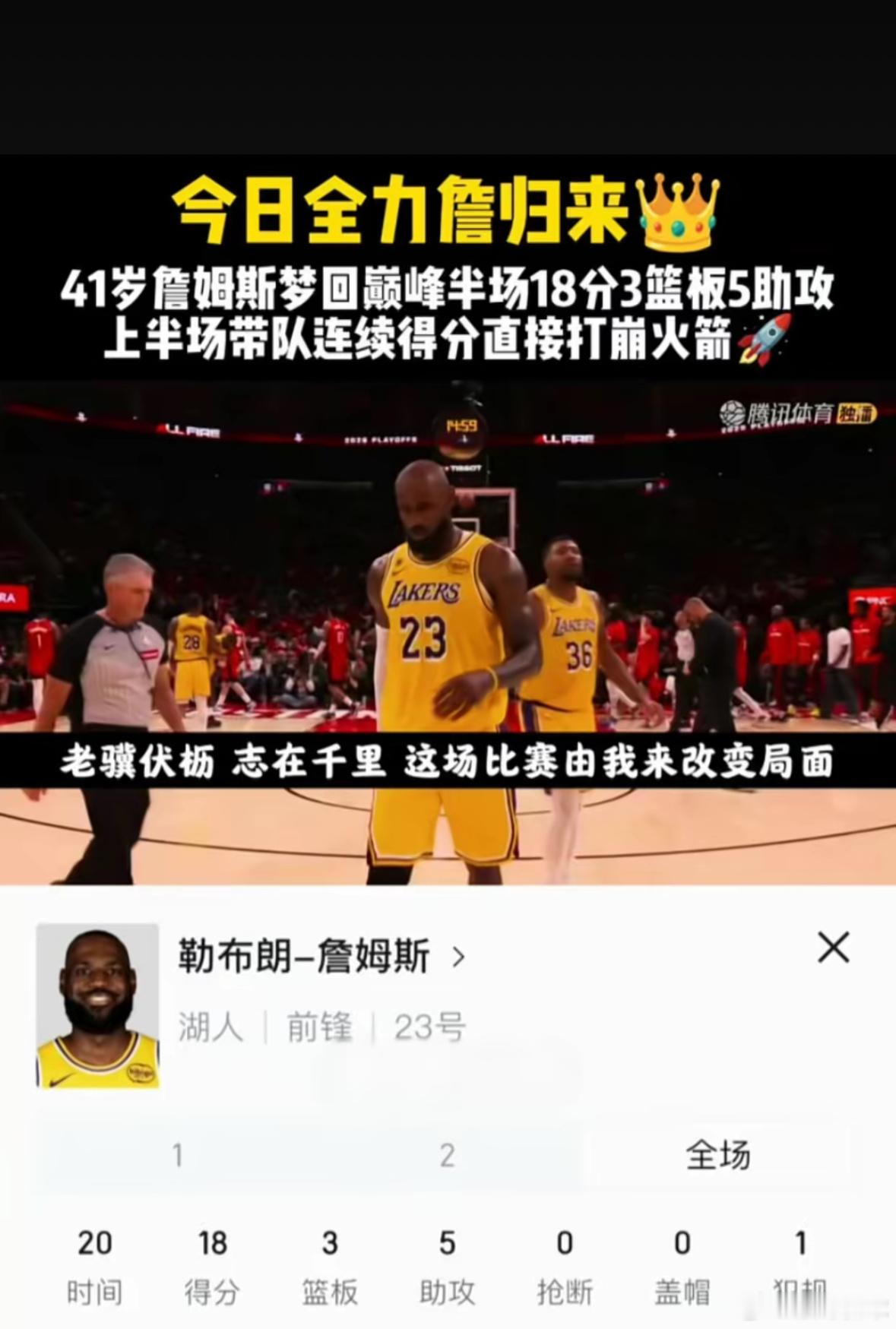 湖人vs火箭98比78大分差拿下火箭。詹皇半场砍下18分3篮板依旧猛烈！ 
