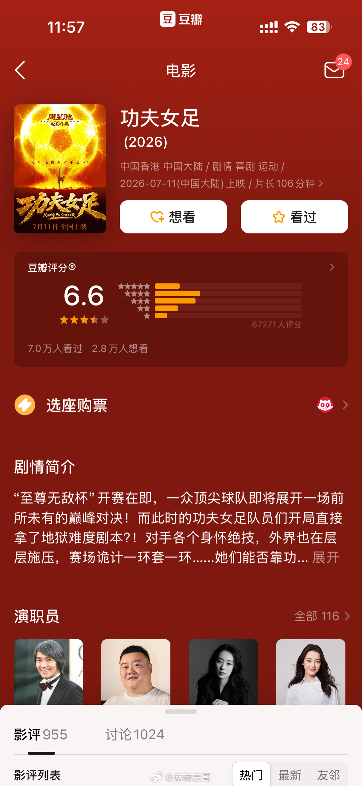 周星驰的《功夫女足》豆瓣开分6.6分 