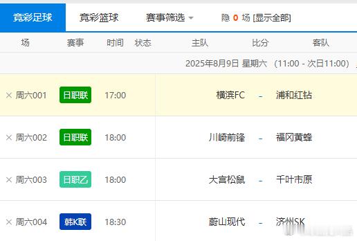 早场主任赛程有点意思，特别是001，东京绿茵vs横滨水手这场按理来说应该热度会高