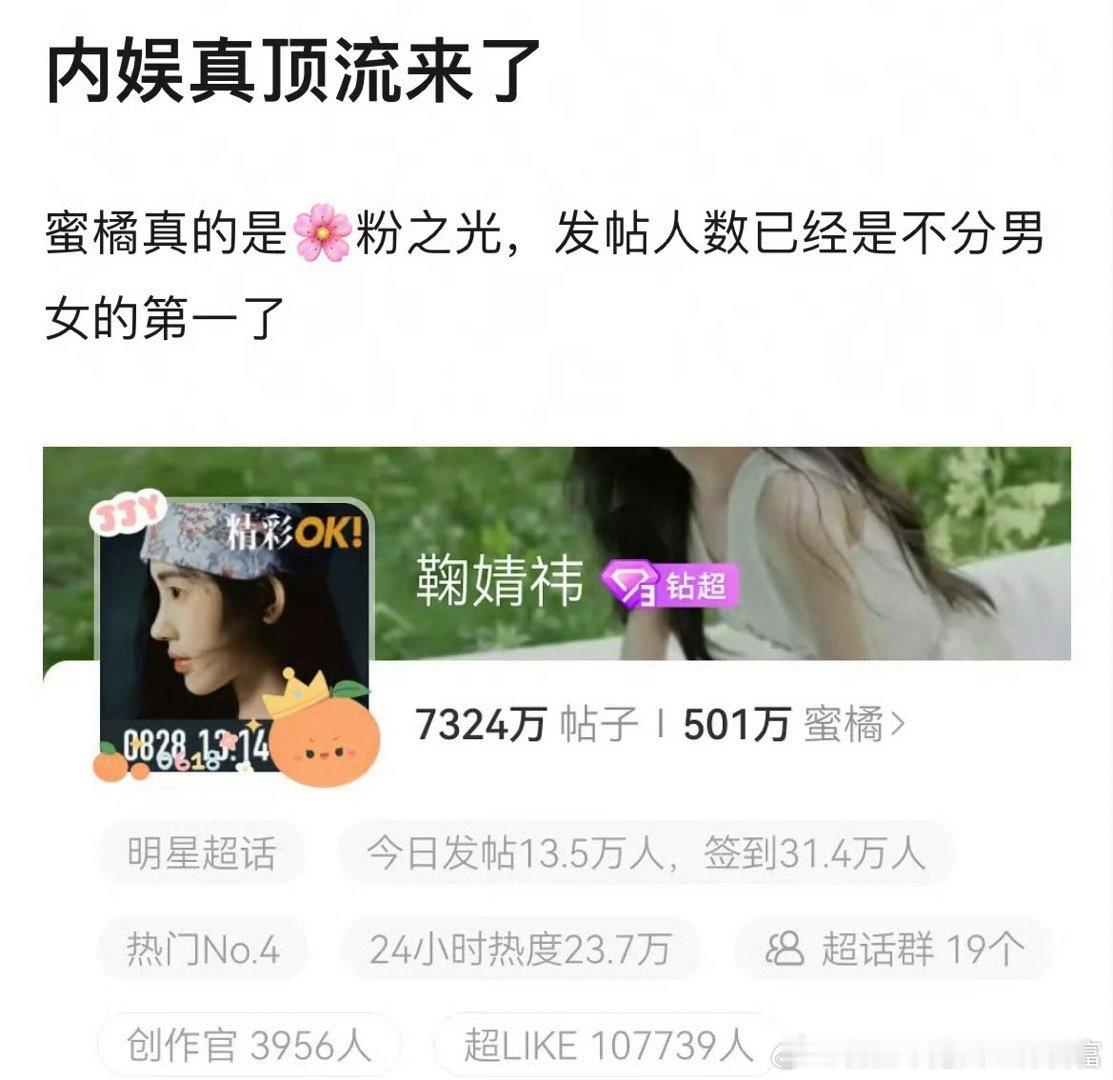 我去 鞠婧祎超话发帖人数 排在内娱第一 这个数据有点强了 ​​​
