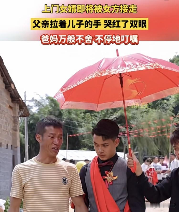 云南，上门女婿即将被女方接走，父亲不舍的拉着儿子的手，哭红了双眼。

一旁的母亲