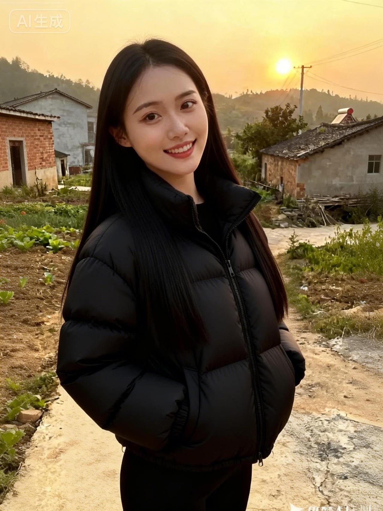 冬日暖阳下，乡村小路上，微笑女孩，温暖如初。