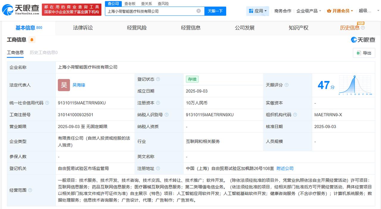 天眼查App显示，近日，上海小荷智能医疗科技有限公司成立，法定代表人为吴海锋，注