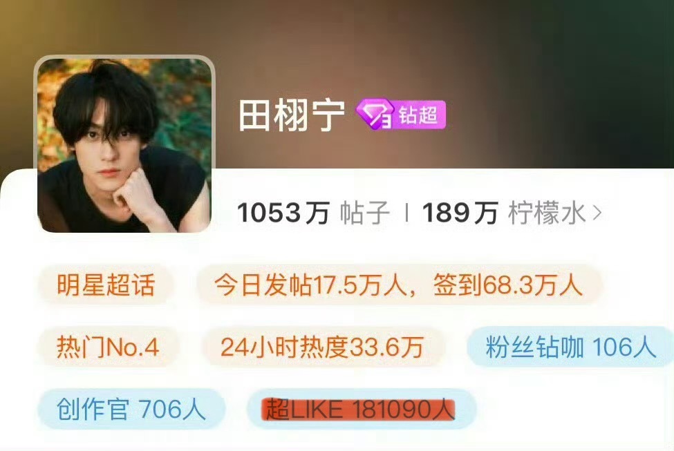 田栩宁超like破18w了，平时梓渝的热搜比田栩宁还多，为什么超 like 没有