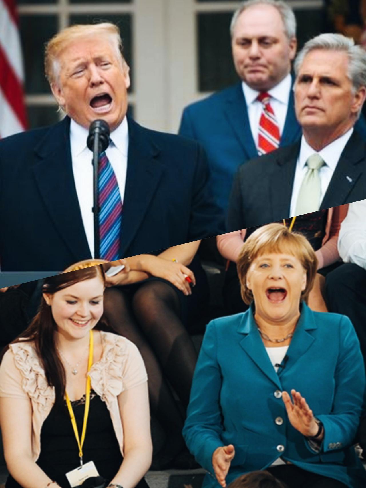 特朗普和默克尔两人相比，谁张嘴更夸张一些呢？
特朗普的嘴型和表情是不是更有特点啊