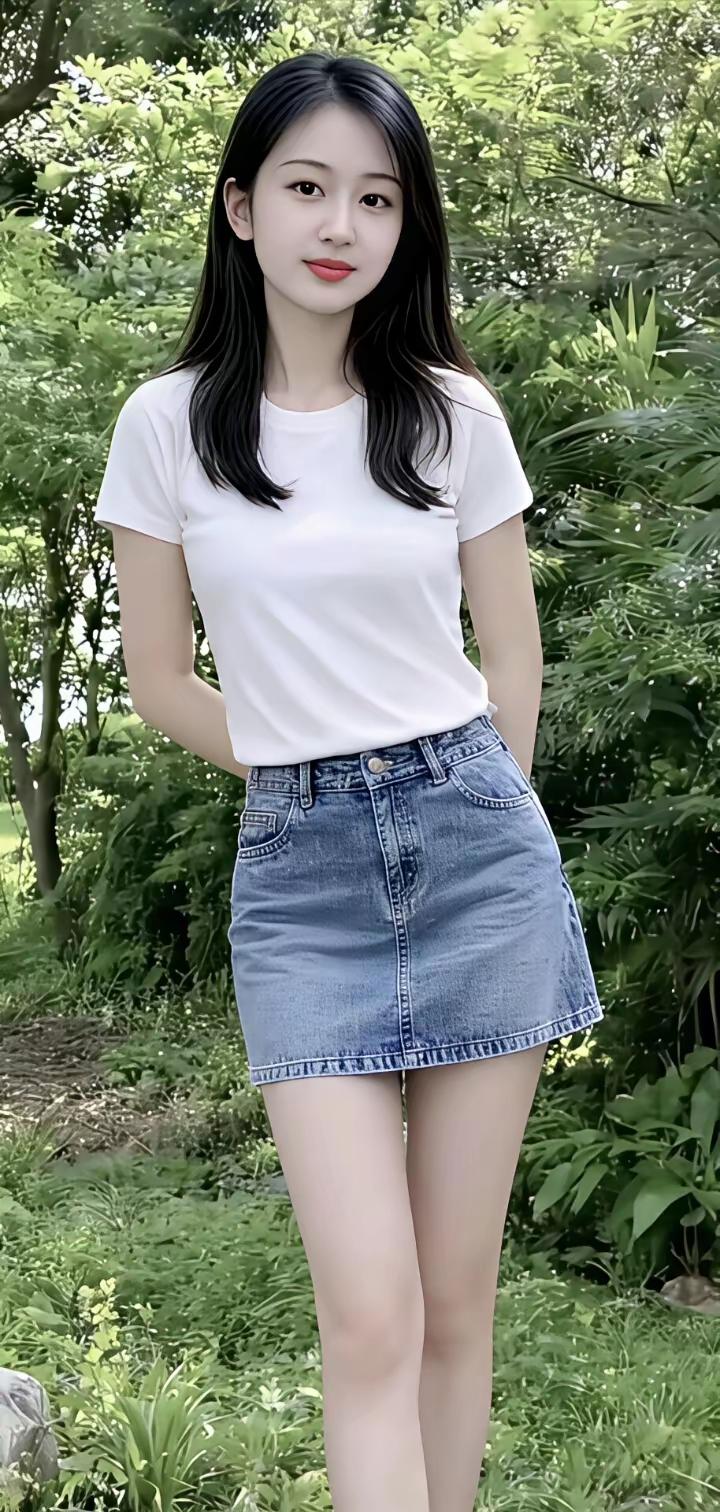 夏日清新穿搭，白色T恤+牛仔短裙，元气满满！🌞👗💃