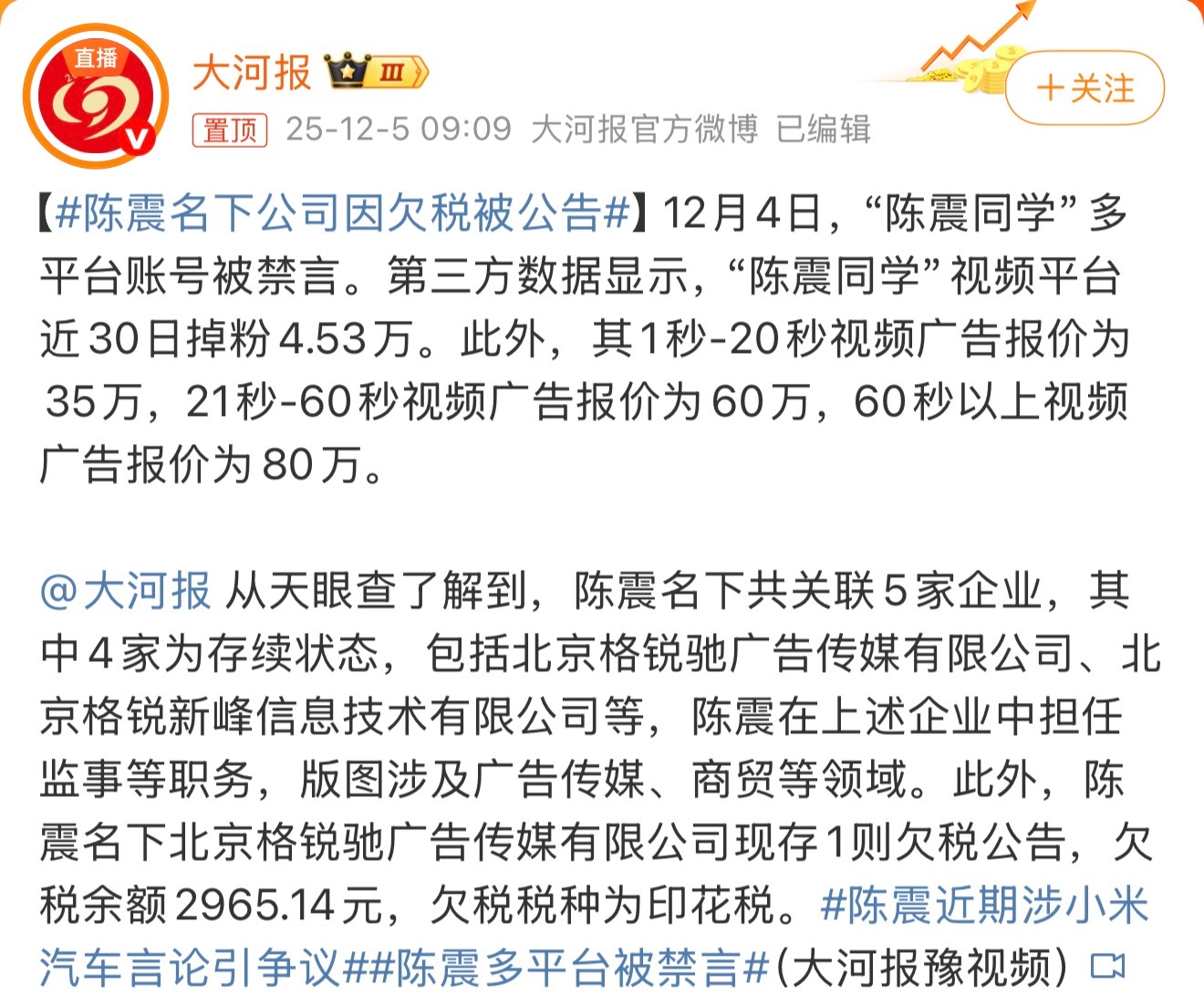 陈震名下公司因欠税被公告真是福无双至，祸不单行，如果没有被全网禁言这档子事，欠税