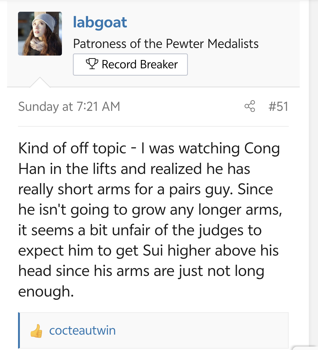 受不了 国外冰迷在蛐蛐hc手臂短短 说hc作为双人滑男伴手臂太短了，要求他把小隋