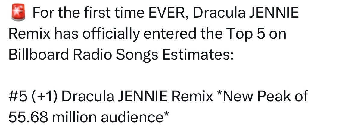 Dracula JENNIE RemixBillboard 电台预估榜排名首次进