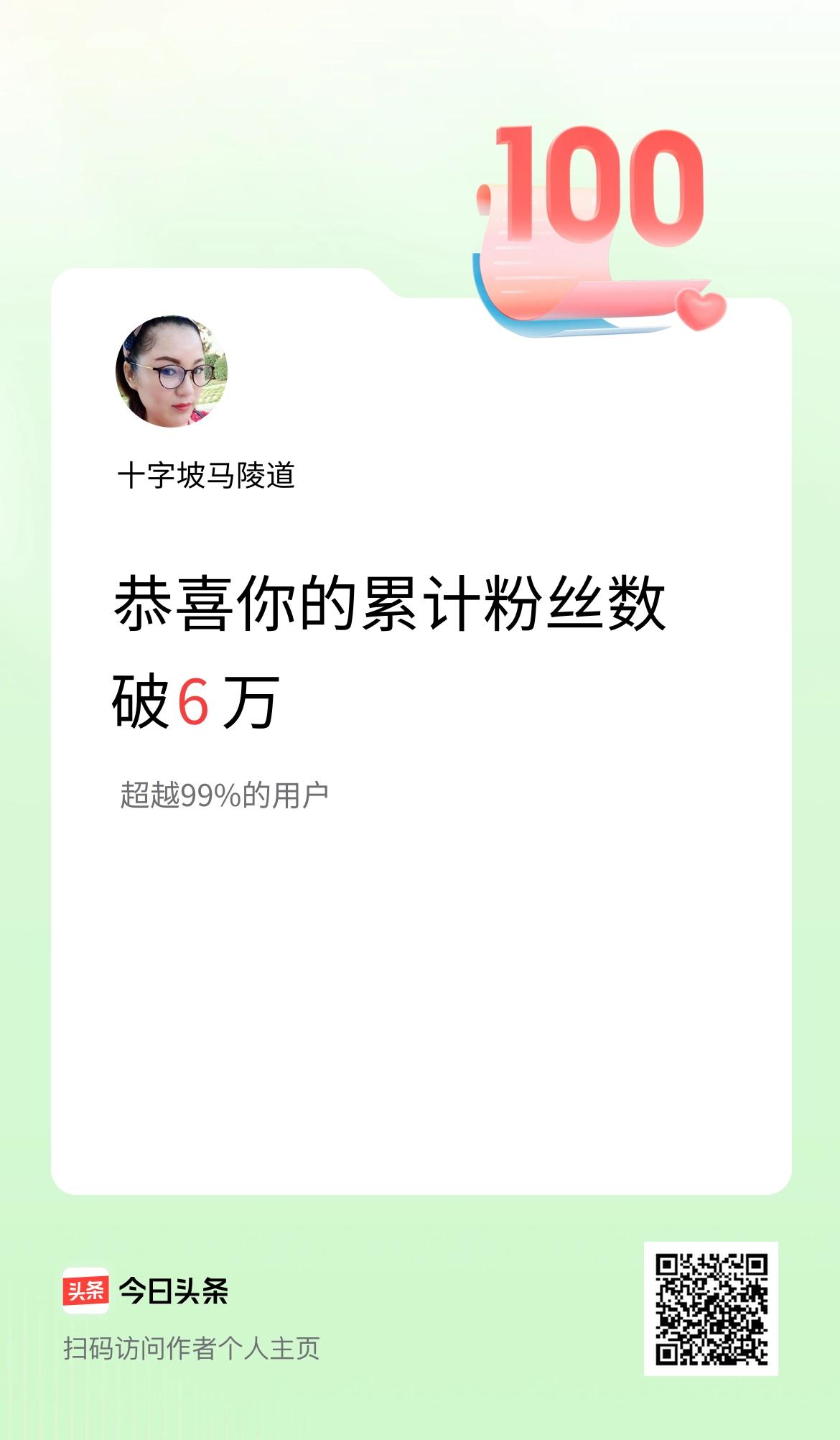 我在头条累计粉丝数破6万啦！