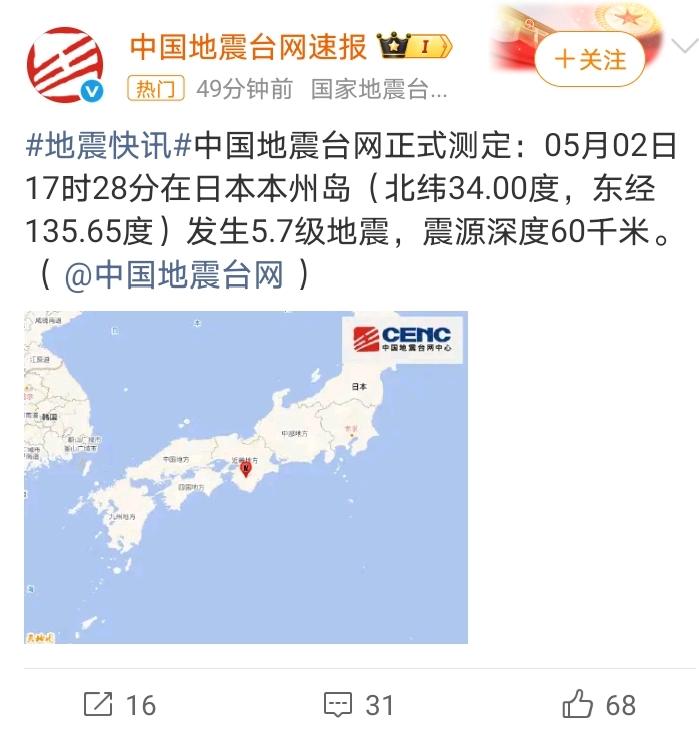 5月2日17时28分日本奈良刚刚突发5.7级地震！

我小冷正刷着苏超新闻呢，手