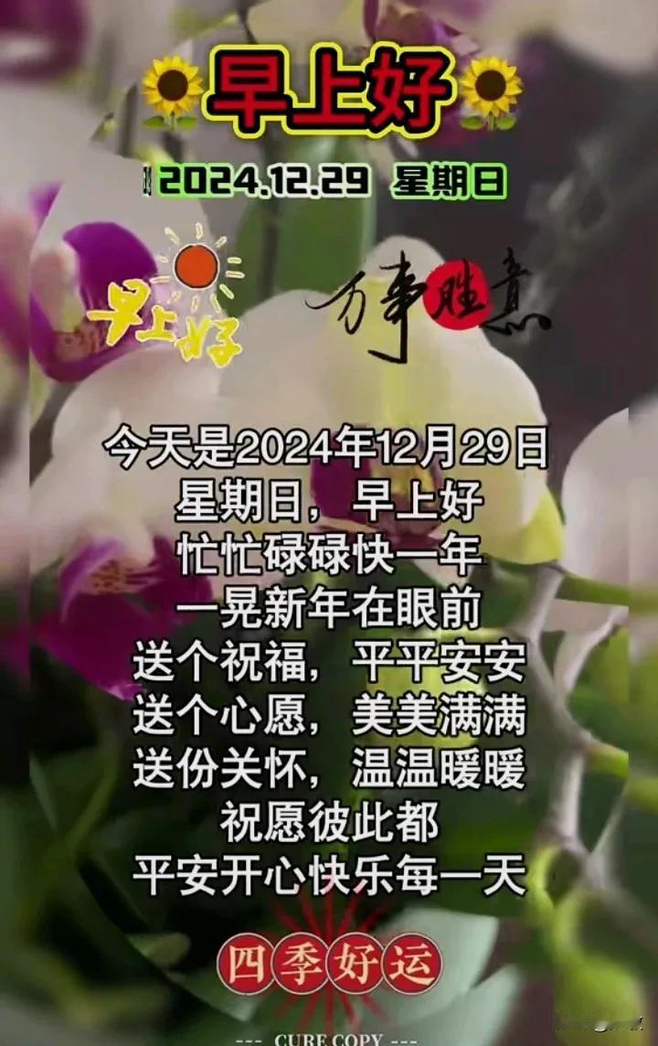 今天是12月29日星期天，早安你好！
忙忙碌碌快一年，一晃接近年根了。
送个祝福