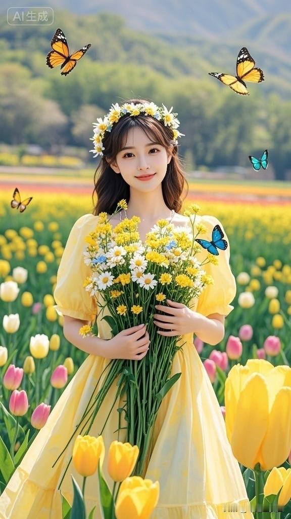 春日野餐，花海中的少女与蝴蝶共舞