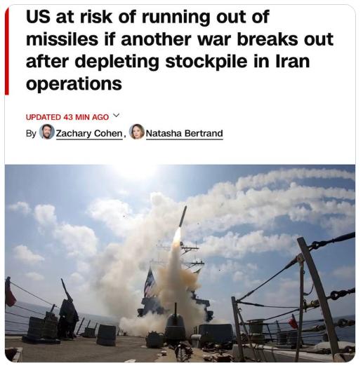 【美国已耗尽部分导弹库存的一半——CNN】根据报告，目前的库存水平足以支持持续行