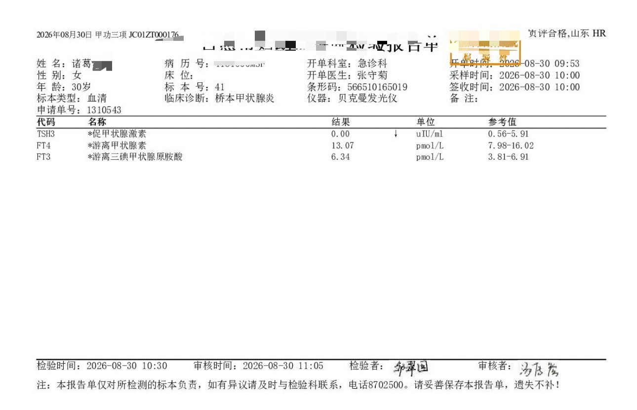 我的甲状腺报告出来了（再次感慨小城市真的医疗方面出结果很快）竟然如此正常！看来我