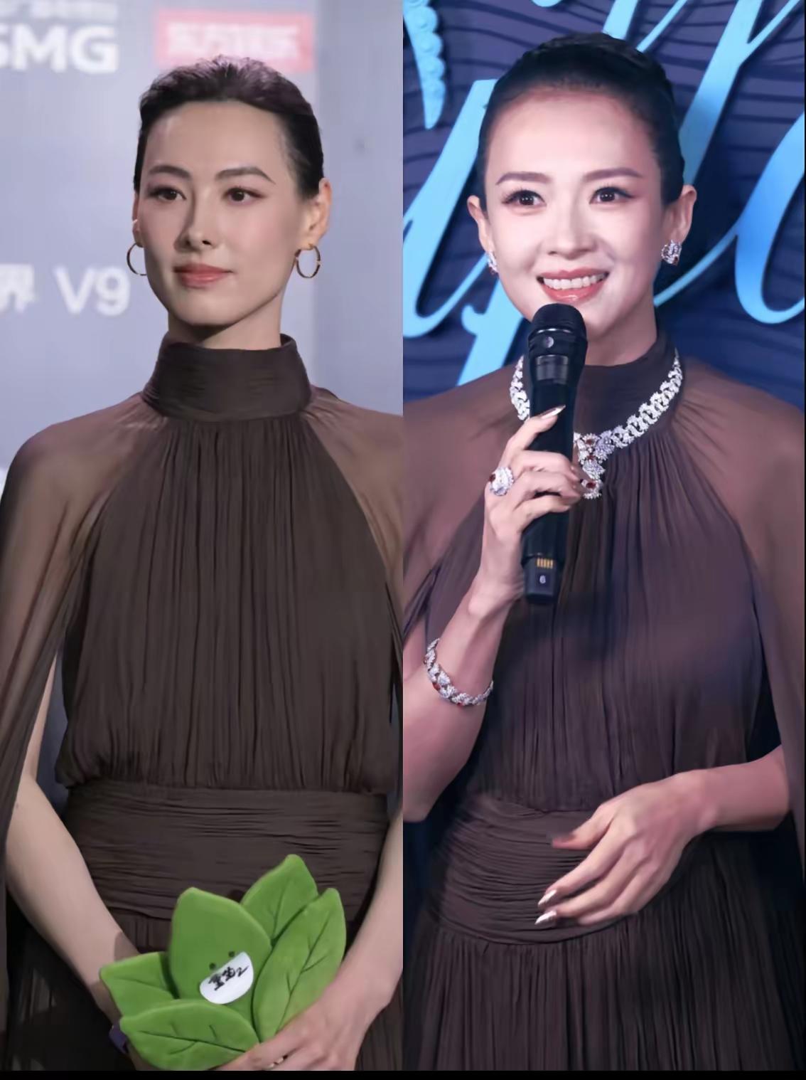 梁洛施和章子怡撞衫，前者好像更胜一筹！章子怡之所以输，是因为她脖子上的宝石项链太