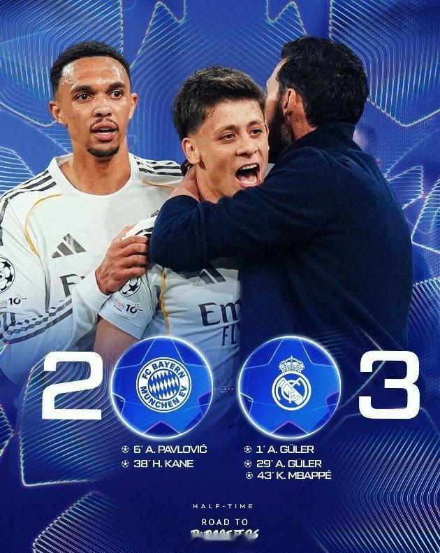 半场拜仁2-3皇马⏰ 01' 拜仁 0-1 皇家马德里⏰ 06' 拜仁 1-1 
