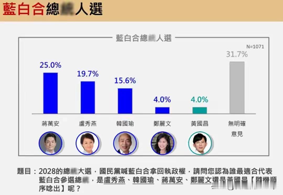 如不出意外，岛内2028年选举最高领导人，大概率蒋万安会获胜，看看这份民意调查，