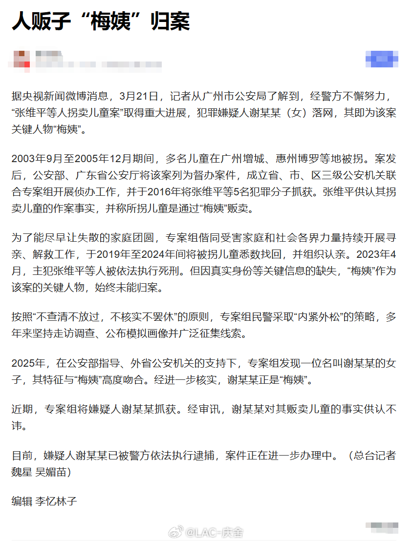 梅姨被逮捕 人贩子毁掉的不只是一个孩子，而是一整个家庭的一生。没有原谅，不该从轻