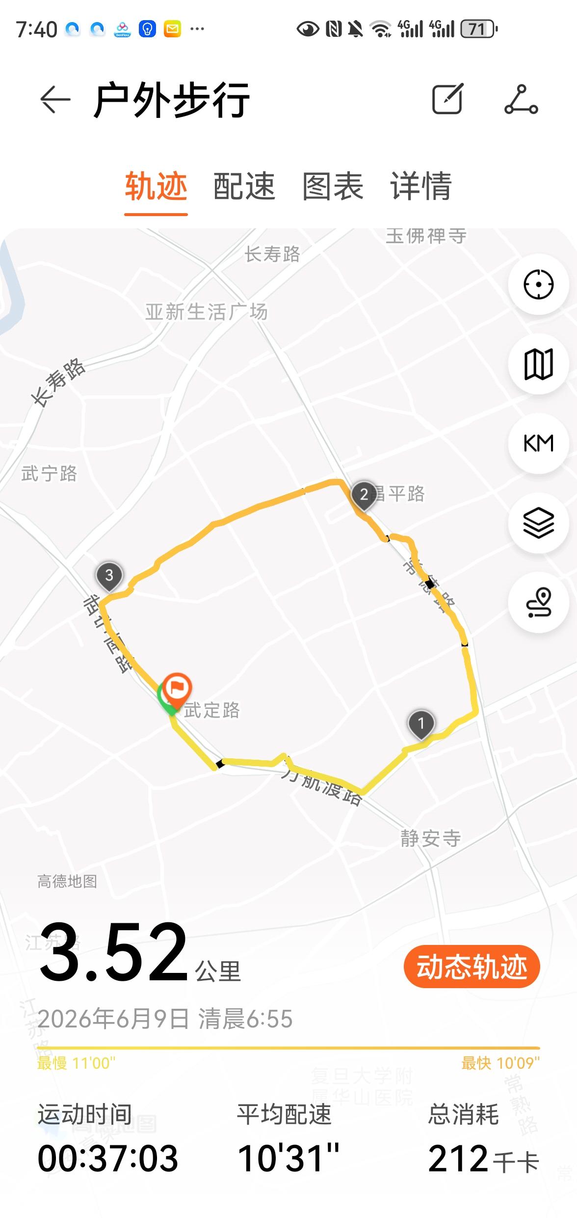 晨起，拖着宿醉的腿，在楼下步行三公里多，平均配速10分31秒，速度还不错。未雨时