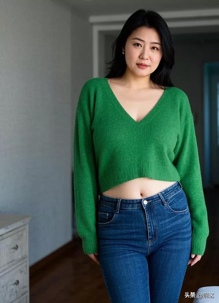 《绿衣熟女》
 
佳人时尚穿搭巧，
绿衫蓝裤风格妙。
露脐设计添娇俏，
秀发披肩