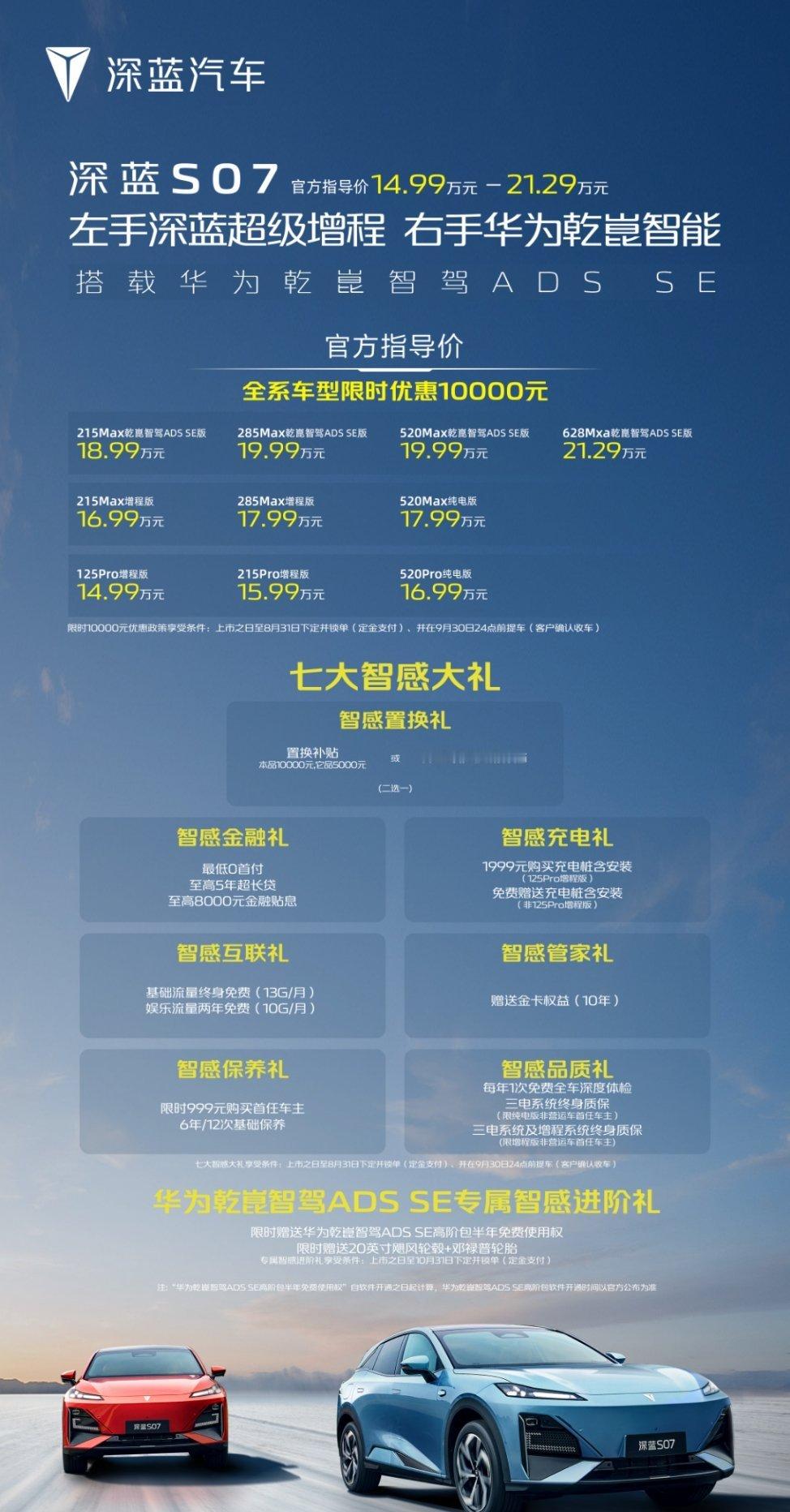 深蓝S07上市，新车共推出十款配置车型，售价区间14.99万元-21.29万元。